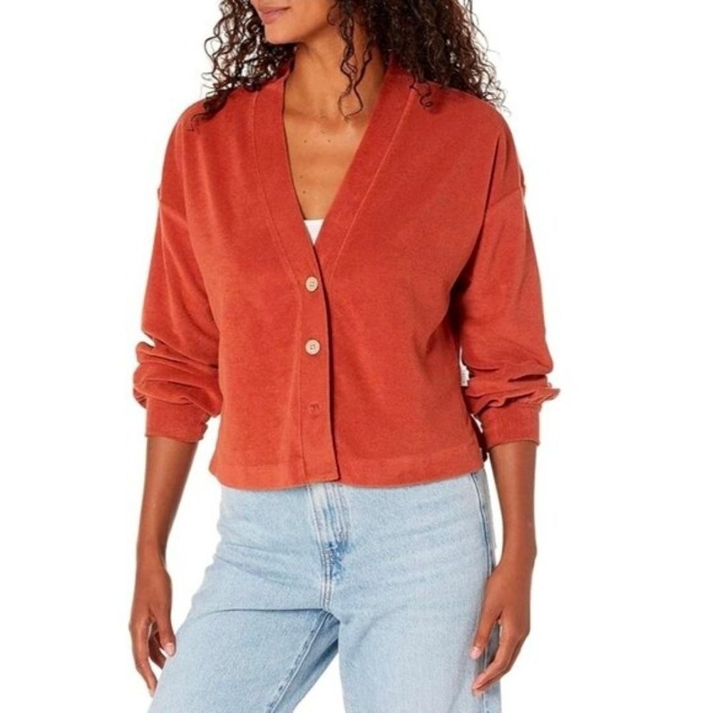 Roxy Womens Terry Cloth‎ V-Neck Cardigan  Terracotta Orange Button Up